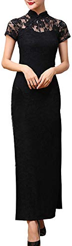 Abito lungo da donna Cheongsam sexy in pizzo spacco laterale cinese primavera festival abito da sera aderente vintage colletto alla coreana Qipao, Nero , M