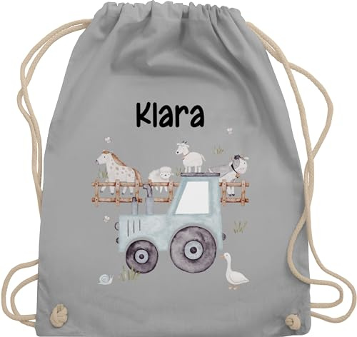 Turnbeutel Rucksack - Bauernhof Traktor Tiere mit Namen Landwirtschaftlicher Tiermotiv Bauernhoftieren - Unisize - Hellgrau - personalisierter kinderrucksack stoffbeutel trecker traktoren kuh beutel