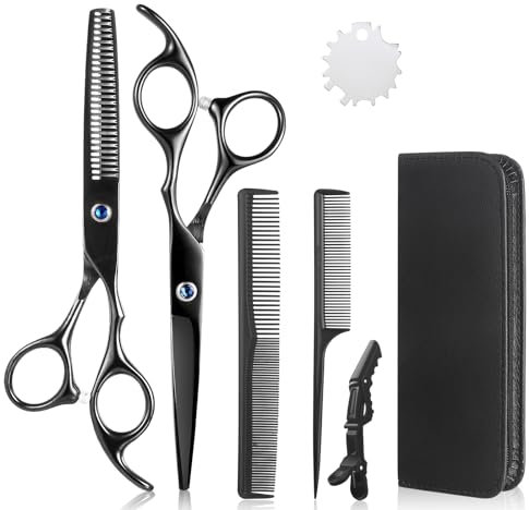 Lictin 4 en 1 kit 7 Tijeras de Peluquería Profesional Corte de Pelo de Acero Inoxid con tijeras de corte, tijeras de entresacar, peine, clip y estuche para hombres y mujeres(Negro)