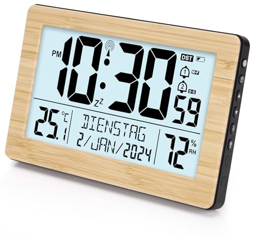 VINILITE Wecker Digital Funkuhr Tischuhr mit großem LCD-Display, Kalender, Temperatur, Luftfeuchtigkeit, Hintergrundbeleuchtung, Batteriebetrieben