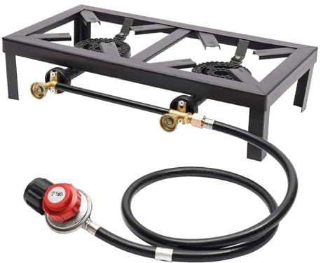 Portable Camping Double Burner Outdoor Gas Stove Propane Cooker with Adjustable Regulator Hose for Patio Camping, BBQ,8000W 0-10PSI 48 * 25 * 11.5cm
