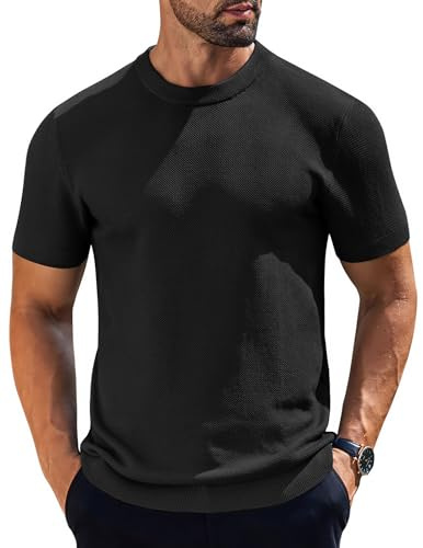 COOFANDY Men's Crew Neck T-Shirts Waffle Knit Short Sleeve Shirts Casual Stylish Tee Shirts, Black, X-Large
