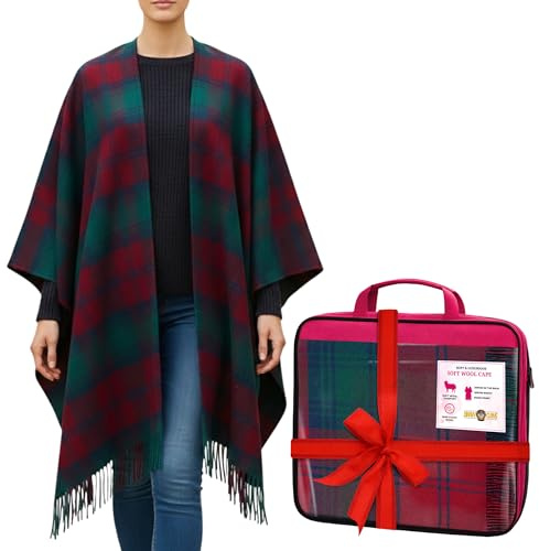 Cape en laine douce fabriquée en Écosse - Poncho d'hiver épais et chaud - 160 cm x 100 cm - Lindsay - Poncho longue cape-couverture - Fête des Mères, Cadeau pour Noël - Voyage, Camping