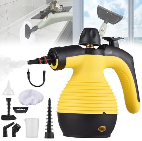 PLABNK Limpiador A Vapor Portátil/de Mano (1050 W), Tiempo De Calentamiento: 2 Min, Limpieza Giratoria De 360°, Alta Temperatura Y Presurizado, con Boquilla De Vapor, para Sofá/Coche,Yellow