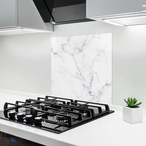 ARTHUB® Küchenrückwand aus Glas 100x100 cm, 4mm ESG | Spritzschutz, Glasplatte, Herdspritzschutz, Wandschutz für Herd, Hartglas, Abstrakte, Marmor, White Marble Texture