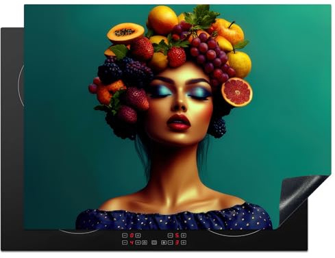 KitchenYeah© Induction Hob Protector Mat 20.5x28 / 71x52 cm Cooker Top Protectors Cover Ceramic Covers Electric Hobs Vinyl Woman - Headdress - Tropical - Fruit - Grapes