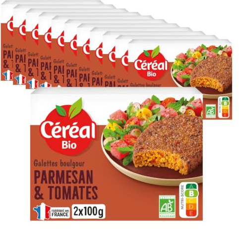 CÉRÉAL BIO – Galettes Boulgour de Blé, Parmesan & Tomates Confites Bio – Végan & Bio – Repas Prêts à Réchauffer – Lot de 12 Boîtes – Nutriscore A – 200 g