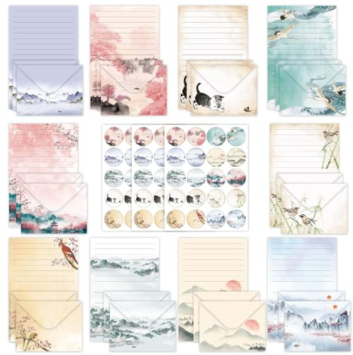 JasCherry 160 Stück Briefpapier mit Umschlag Set, 50 A5 Briefpapier(10 Designs) mit 50 Briefumschläge, Ideal als Einladungskarten Glückwunschkarte für Mädchen und Kinder, Set B
