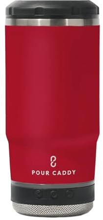 Pour Caddy Vibe 4 In 1 Chill and Brew Bluetooth Speaker Cup, Insulated Can and Bottle Holder for Hot or Cold Drinks, Double Wall Stainless Steel Drinkware, Fits 12 oz Cans or 14 oz Liquid, Red