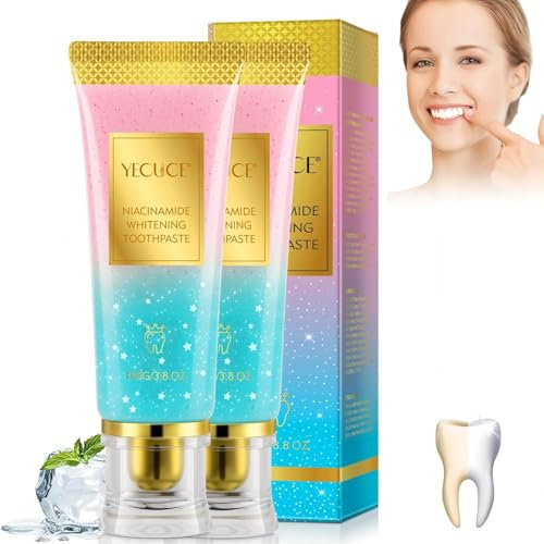 Niacinamide Dentifricio schiarente, confezione da 2 pezzi, rimozione delle macchie e delicato sullo smalto dei denti, formula con carbone attivo per una freschezza di lunga durata, per bevitori di