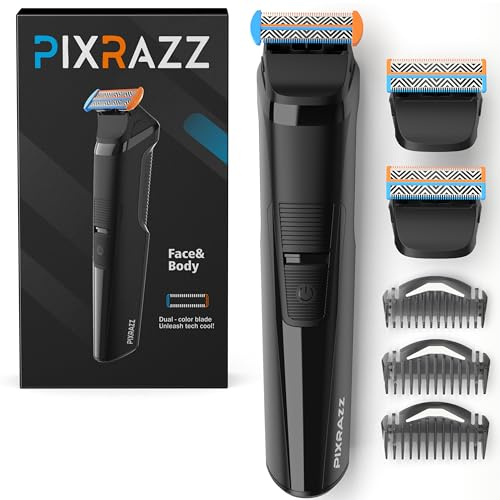 PIXRAZZ Elektrisk trimmer, rakapparat och rakhyvel – groomingkit för ansikte, kropp, bikini och manskap, med 2 extra ersättningsblad och 3 styrkammar