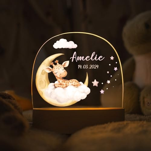 GRAVURZEILE Personalisiertes LED Nachtlicht für Kinder - Schlafende Tiere Giraffe - Personalisiert mit Name - Baby Lampe - Geschenk zur Geburt, Taufe & Geburtstag für Jungen & Mädchen