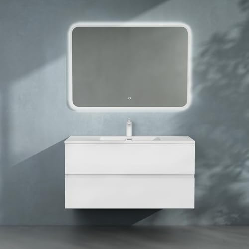doporro Badmöbel-Set Waschbecken-Unterschrank mit LED-Spiegel Badezimmer | Wandhängendes Badmöbel-Set mit Mineralguss-Waschbecken, LED-Spiegel – elegant & pflegeleicht, 100x48x50cm, Matt Weiß Aqualis