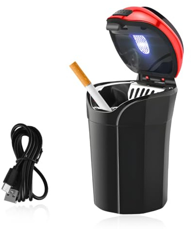 JNXIJ Car Ashtray with Lid, Stainless Smell Proof Ashtray with LED Light & Removable Lighter, Rechargeable Detachable Ash Tray Mini Trash Can for Most Vehicles, Car Accessories (Red)