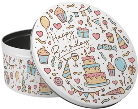 Purely Home Happy Birthday Cake Tin - Kitchen Bakeware Birthday Party Gifts - Large Round Metal Kitchen Storage Container 23 x 10cm