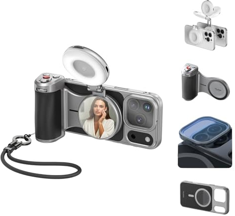 Master Grip Kit para iPhone 17 Pro MAX, Agarre Magnético Teléfono con Luz Selfie de Teléfono, Funda de grafeno Refrescante, Filtros UV para iPhone 17 Pro MAX, Kit creador de Selfies/Vlog/Streaming