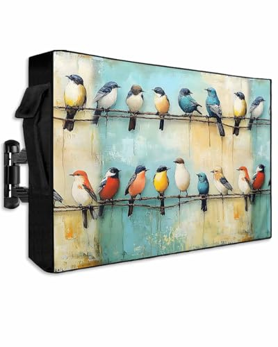 Colorful Birds Oil Painting Outdoor TV Cover Waterproof & Weatherproof TV Covers with Roll Up Front Flap for 52-55 Inch, Zipper Television Screen Protector Remote Control Pocket, Summer Birds Vintage