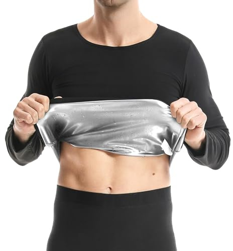 GENEMEN Mens Sauna Suit Long Sleeved Fitness Shirt Round Neck Sweating Tops for Running Basketball