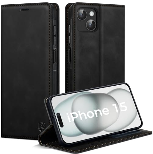AIMOYU Handyhülle für iPhone 15 Hülle, Premium PU Leder Klapphülle Schutzhülle, Tasche Magnet Kartenfach Standfunktion Flip Case Hülle für iPhone 15, Schwarz