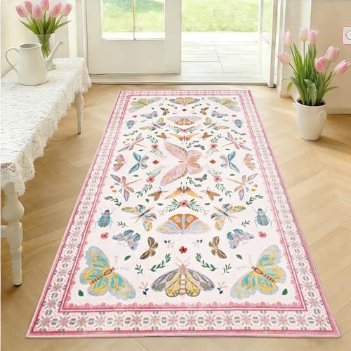 Alishomtll Rosa Vintage Teppich, Schmetterling & Insekt Teppich 80x150 cm | Rutschfest Waschbar Küchenteppich, Weich Kurzflor Flurläufer für Wohnzimmer Schlafzimmer Kinderzimmer Mädchenzimmer Eingang