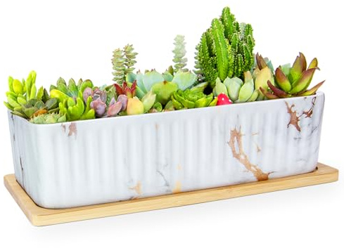 ARTKETTY Succulent Pots - Large Marble Succulent Planters with Drainage Tray, Window Sill Planter, Long Rectangle Ceramic Pots for Indoor Cactus Plants Shallow Bonsai Window Box for Home Garden Decor