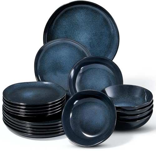 Onader 18 Piece Reactive Glaze Dinner Set for 6 People, Galaxy Blue | Porcelain Dinner Sets, Irregular Round Stoneware Dinnerware Service for 6, Plates and Bowls, Dishwasher & Microwave Safe
