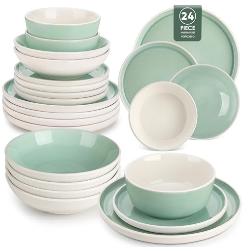 Tafelservice 6 Personen, vancasso ELBA 24tlg Geschirrset Steingut, modernes Geschirr Türkis Schüssel- und Teller Set, Ess Kombiservice mit je 6 Speiseteller, Salatteller, Suppenteller und Schalen