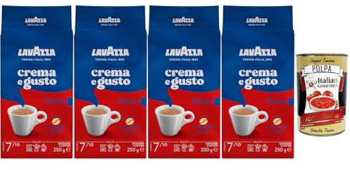 Italian Gourmet – Lavazza Crema e Gusto Classico Café moulu 4 x 250 g, Intensité 7/10, mélange italien corsé et crémeux, goût bar espresso, idéal moka, filtre & machines café + Italian Gourmet Polpa