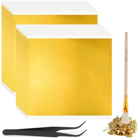 250 Blatt Blattgold, mit Pinzetten und Bürsten, Gold Papier für Goldfolie, | Leaf Anlegemilch Blattmetall, Goldpapier Acrylmalerei, Bastel Goldblätter Bastelfolie,Goldblattblätter Diy (13 * 13cm)