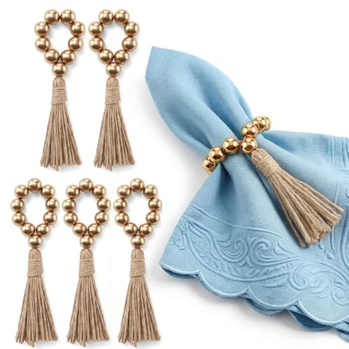 6PCS Napkin Rings, Wooden Bead Napkin Holders for Cloth Napkins, Stretchable Boho Napkins Rings Rustic Twine Rattan Design with Tassel for Farmhouse Thanksgiving Fall Spring Decor-Gold