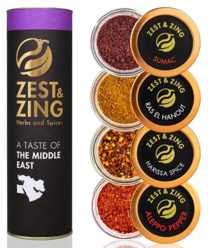 ZEST & ZING Middle Eastern Spices Gift set | Aleppo Pepper, Ras El Hanout, Sumac, Harissa | Gourmet Ultimate Grilling Mixed Spice Set for Kitchen | Convenient Stackable Italian Glass Spice Jar
