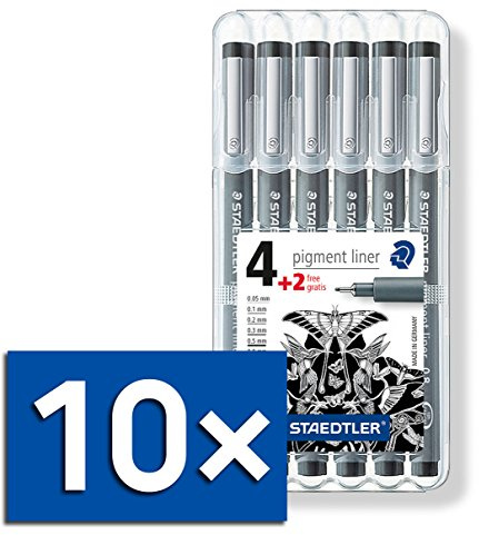 Staedtler Pigment Liner Fineliner 6er Set, mit Box (10x Standard Set Schwarz)