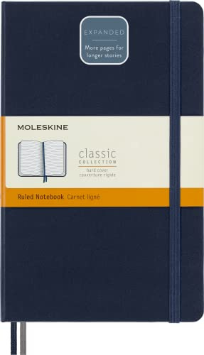 Moleskine Classic Notebook Expanded, Taccuino a Righe, Copertina Rigida e Chiusura Elastica, Formato Large 13 x 21 cm, Colore Blu Zaffiro, 400 Pagine