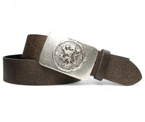 FRONHOFER Trachtengürtel Leder 4 cm mit Löwe Gürtelschnalle Antiksilber 8x5 cm Druckknopf Wechselschnalle Gürtel für Herren Lederhose und Jeans Made in Germany