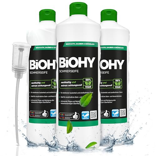 BiOHY Schmierseife (3 x 1 Liter) + Dosierer | Konzentrat für Bodenreinigung – Wischpflege für Holz, Parkett & Fliesen | Rückfettend, extra stark & ergiebig | Flüssiger Bio-Fußbodenreiniger