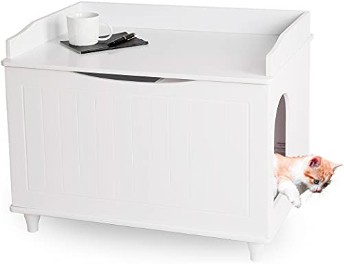 WONDERMAKE® Katzenschrank für Katzentoilette groß aus Holz, Katzenklo-Schrank Kommode XL, Design Katzen-Haus Toilette Klo Waschbecken-Unterschrank für Bad, 73,5 x 51,5 x 57 cm, weiß