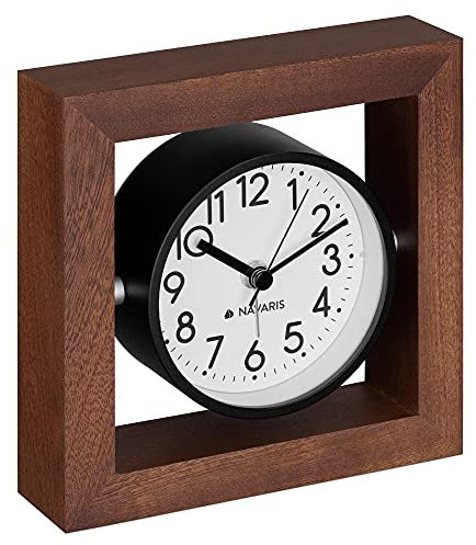 Navaris Analog Holz Tischuhr Quadrat Design - 13,2 x 13,2 x 4,3cm - analoge Uhr ohne Ticken weißes Ziffernblatt - Vintage Zeiger Holzuhr Dunkelbraun