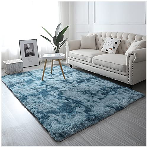 DAIHAN Shaggy Teppich Farbe Anthrazit Hochflor Langflor Teppiche Modern Antirutschmatte Teppiche Weiche Fußmatten Bunte Batik Wohnzimmer Flauschiger Teppich,Blau2,140x200CM