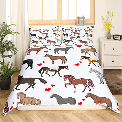 Loussiesd Cartoon Horse Bed Linen Children's Cute Bedding Set 135 x 200 cm Girls Ponies Heart Duvet Cover Set Farm Animals for Teenagers Wildlife Horse Soft Microfibre 2 Pieces