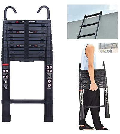 Échelle télescopique de 5 m avec crochet amovible - Multifonction - Pour grenier, toit d'escalade, utilisation au bureau - Emploi de construction - Échelle extensible en aluminium - Antidérapantes -