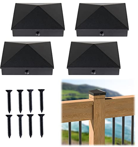Muzata 4Pack 4x4 Post Caps Post Cover Aluminum Pyramid Black Post Topper for 4x4 Nominal Wood Post (Actual 3.5x 3.5) Wood Post Fence Post Deck Post Powder-Coated Post Cap WT06