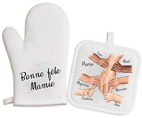 Générique Duo Manique et Gant de Cuisine Personnalisés – Cadeau Mamie ou Papy – Empreintes et Prénoms des Petits-Enfants – Fête des Grands-Parents, Anniversaire, Noël – Expédition 24H