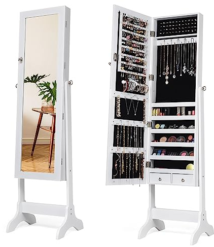 HOMASIS verstellbarer Schmuckschrank mit Schubladen & Ablagen, Schmuckkasten mit Spiegel & Holzrahmen, Spiegelschrank mit Schloss für Make-up, Schmuckregal für mit Kettenhaken & Ringverschluss, Weiß