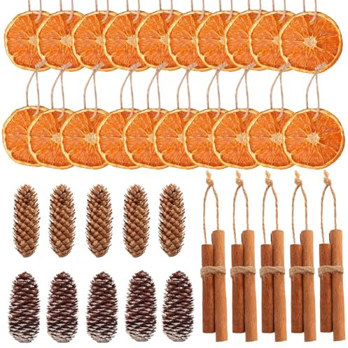 20x getrocknete Orangenscheiben 10x Zimtstangen, und 10x Tannenzapfen Weihnachtskranz Deko Natur Dekoration Weihnachten Adventskranz（with 40Pcs*30cm Juteseil）