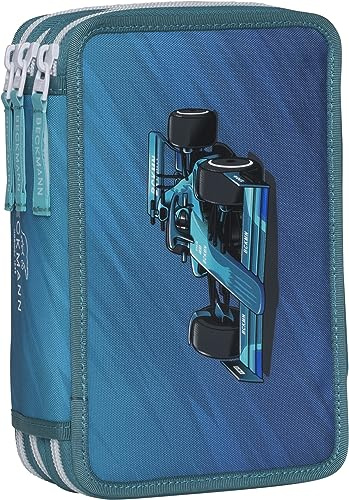 Beckmann, 3-fächrige Federmappe Racing, mit Inhalt, Mäppchen Federtasche, Grundschule, 1. Klasse, Green