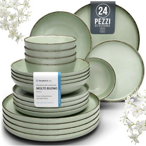 Steingut Geschirrset 6 Personen Rustic 24 tlg. TESTSIEGER, Hochwertiges Landhaussttil Steingut Geschirr Set, Schüssel- und Teller Set, Tafelservice 6 Personen, Geschirrsets Pure Living in Mintgrün