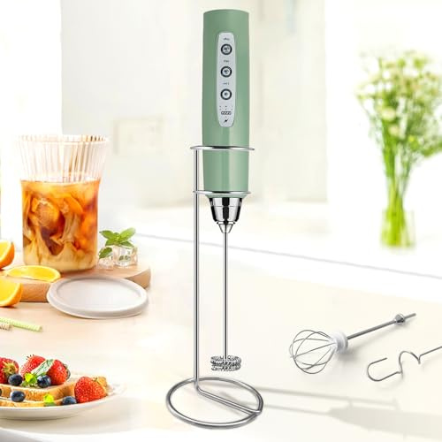 Sakgos Milk Frother with Stand Rechargeable-Handheld Coffee Frother with 3 Stainless Whisks 3 Speed Adjustable, Electric Whisk Drink Mixer, Foam Maker Blender for Matcha Latte Cappuccino Chocolate