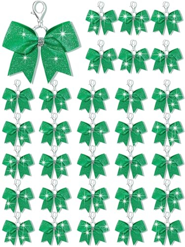 Tondiamo Cheer Bow Keychain Cheer Keychain with Rhinestone Cheerleader Keyrings for Team Gift Cheerleading Sports Accessory, glitter green, 4.9 inches x 1.6 inches
