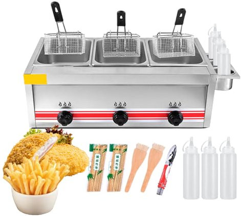 30L Gas Fat Fryer, Stainless Steel Deep Fat Fryer for Home and Commercial, Adjustable Firepower, with Condiment Rack and Sauce Bottles, Restaurant Gas Fryer