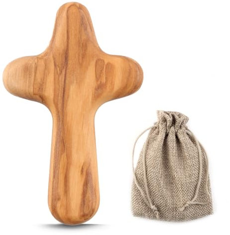 10cm Wooden Cross, Mini Olive Wood Holding Comfort Cross Handcrafted Religious Keepsake with Portable Linen Sack Christian Faith Symbol Handheld Design Fit Kids Adults for Christmas Thanksgiving